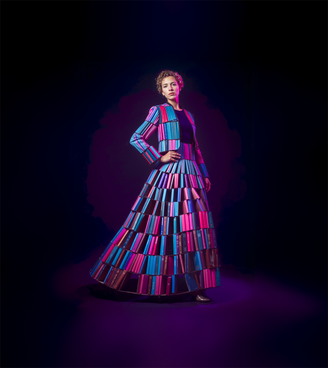 Foto van een vrouw met een rok gemaakt van boeken, met de namen An Goovaerts, Lieven Vanlommel, Carolien Van Den Bosch, Annemiek van Vleuteren, Elien Defraeije, Jeroen De Flander, Michaël Van Droogenbroeck, Herman Konings, Steven Van Belleghem, en Michèle George